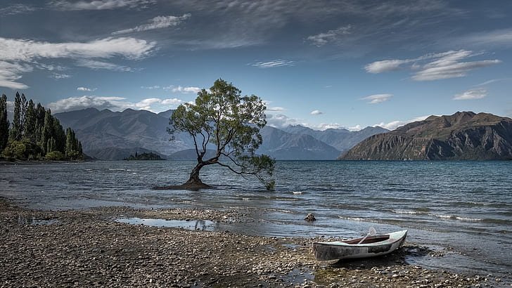 природа, езерото Уанака, Нова Зеландия, лодка, планини, вода, HD тапет