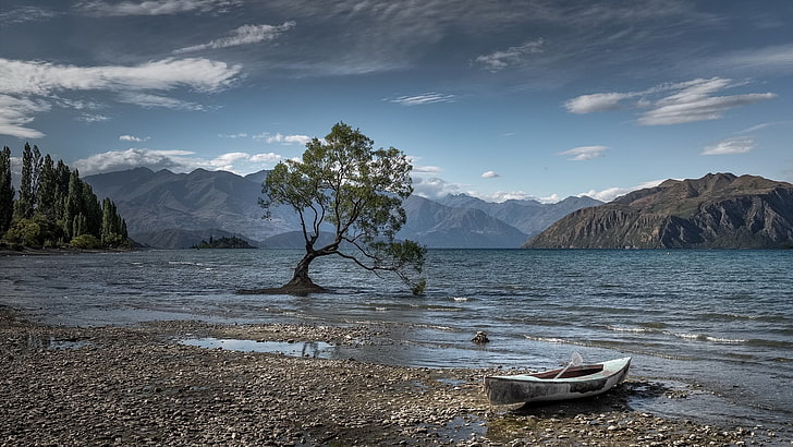 белый каяк, вода, природа, лодка, горы, озеро Ванака, Новая Зеландия, HD обои