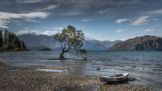 white kayak, water, nature, boat, mountains, Lake Wanaka, New Zealand, HD wallpaper HD wallpaper
