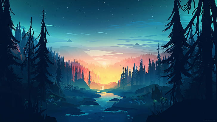 paisaje, puesta de sol, río, bosque, Fondo de pantalla HD
