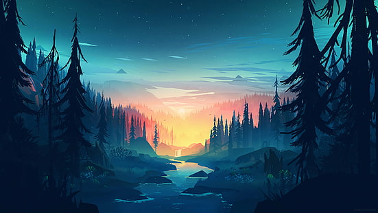 paisaje, puesta de sol, río, bosque, Fondo de pantalla HD HD wallpaper