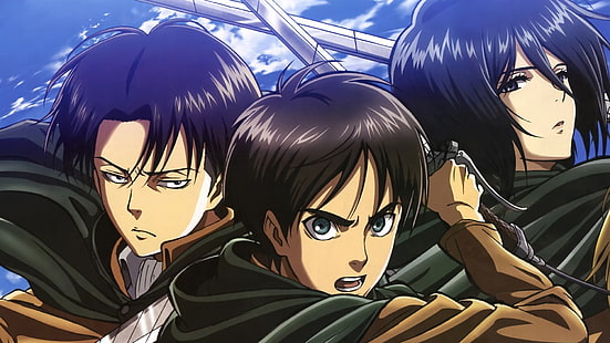 Ilustrasi karakter Attack on Titan, Shingeki no Kyojin, Levi Ackerman, Mikasa Ackerman, Eren Jeager, Levi Rivaille, Wallpaper HD HD wallpaper