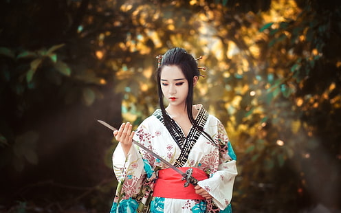 Азиатская девушка, японка, меч, азиатка, девушка, японка, меч, HD обои HD wallpaper