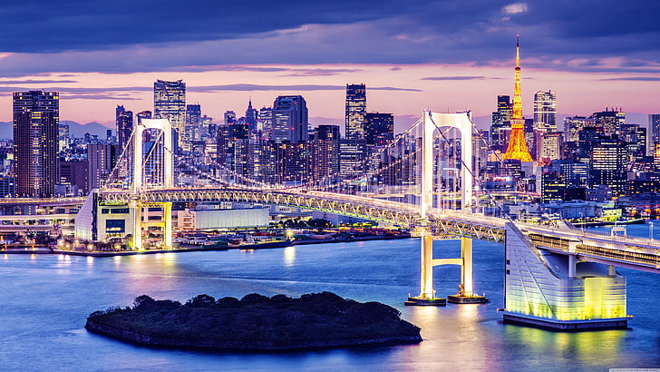 biały betonowy most, Tokyo Tower, tęcze, zmierzch, noc, wyspa, niebo, rzeka, wieża, Azja, Japonia, Tapety HD