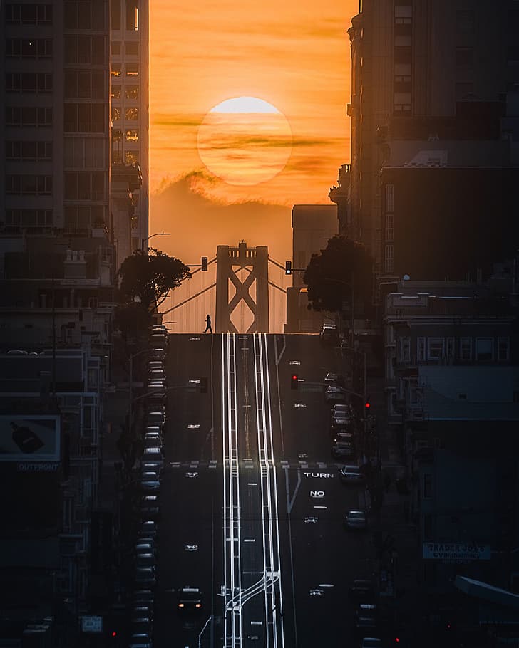 градски пейзаж, портретен дисплей, град, залез, Сан Франциско, мост Golden Gate, път, HD тапет, тапет за телефон