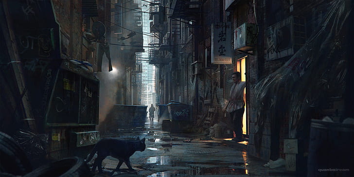 Sci Fi, City, Alley, Cat, Tapety HD