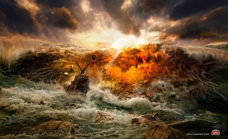 Крушение корабля, иллюстрация морской волны, Художественный, Фэнтези, Корабль, Авария, HD обои