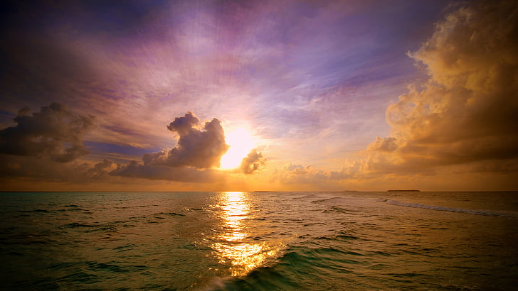 море, небе, природа, облаци, слънчева светлина, хоризонт, HD тапет