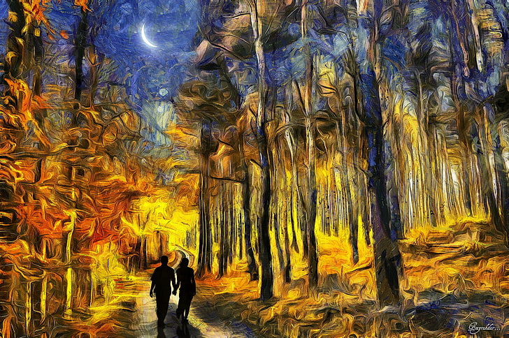 夜間の絵画、カップル、絵画、三日月、シュールな森の中に背の高い木の間に立っているカップル、 HDデスクトップの壁紙