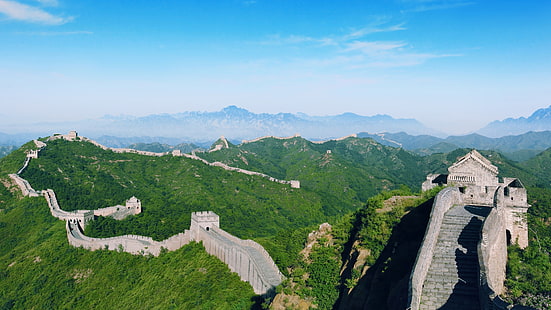photography, blue sky, asia, great wall, great wall of china, china, ancient, aerial photography, tourist attraction, landmark, mountain range, hill station, historic site, highland, sky, mountain, mount scenery, HD wallpaper HD wallpaper