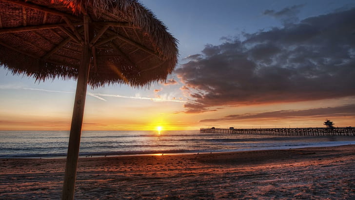 สุดยอด Sunset On Beach Sea Pier HDR หลังคาพระอาทิตย์ตกชายหาดท่าเรือธรรมชาติและทิวทัศน์, วอลล์เปเปอร์ HD