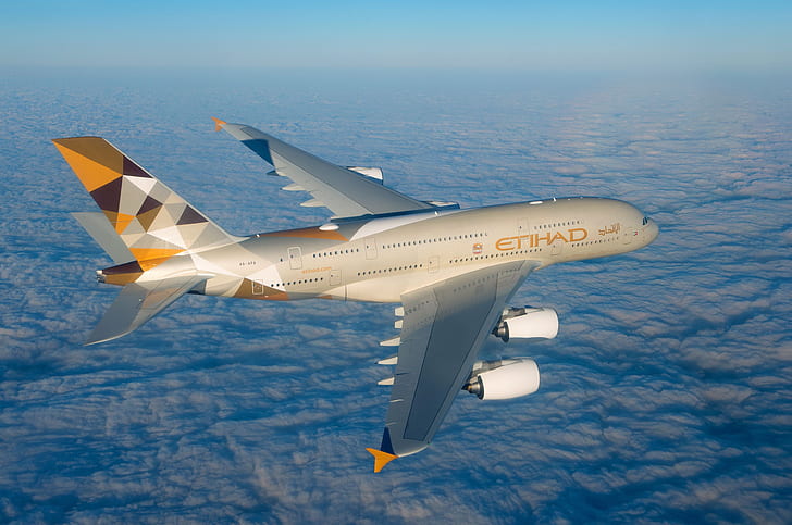Облака, A380, Airbus, Etihad Airways, Wing, Airbus A380, Пассажирский самолет, Airbus A380-800, HD обои