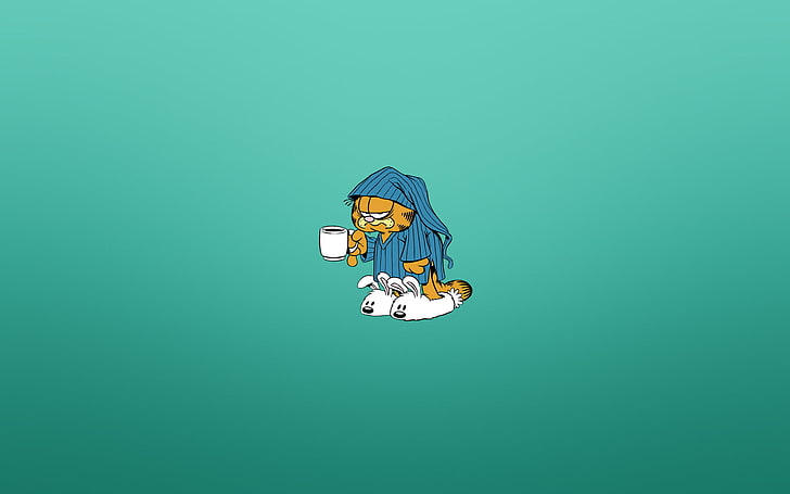 Ilustracja Garfield, kot, minimalizm, poranek, kubek, piżama, ponury, Garfield, niebieskawe tło, białe puszyste kapcie, Tapety HD
