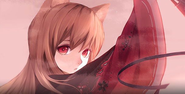  Holo (Spice and Wolf), Holo (Wolf and Spice), Holo, Spice and Wolf, simple background, wolf ears, Okamimimi, red eyes, looking at viewer, HD wallpaper HD wallpaper