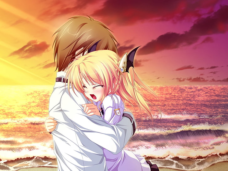 man and woman hugging on beach side digital wallpaper, tenmaso, magus tale, nina geminis, boy, girl, hugs, tears, HD wallpaper