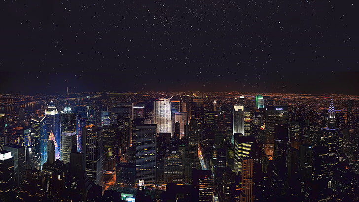 серые городские здания, нью-йорк, городской пейзаж, сша, ночь, HD обои