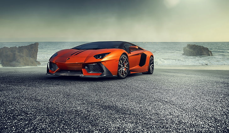 Lamborghini, Orange, Front, Vorsteiner, Sea, Supercar, Zaragoza, Aventador-V, LP740-4, HD wallpaper