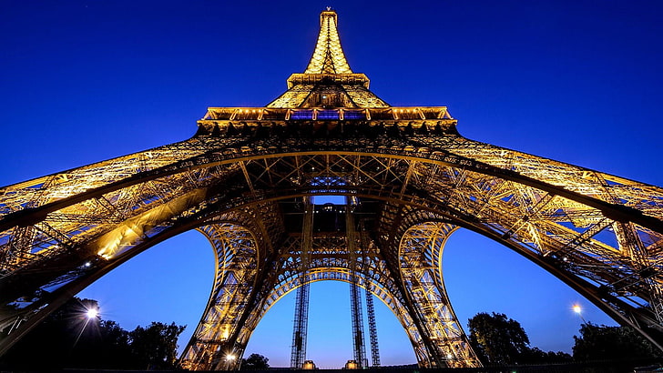 landmark, sky, tower, tourist attraction, architecture, eiffel tower, arch, night, city, symmetry, evening, tourism, paris, france, HD wallpaper