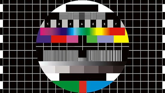 art numérique monoscope numéros tv fond noir cercle carré grille lignes colorées modèles de test, Fond d'écran HD HD wallpaper
