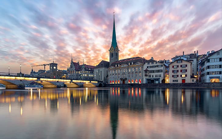 city, lights, river, sky, Switzerland, bridge, sunset, water, dusk, reflection, buildings, architecture, chapel, Zurich, church, 4k ultra hd background, 