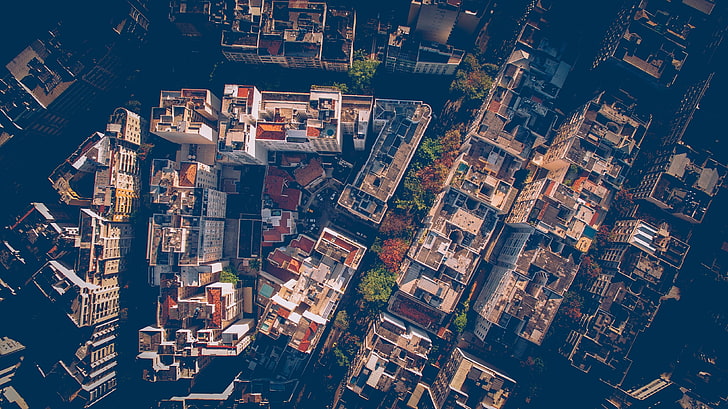 صورة منظر من الأعلى للمباني الشاهقة والطبيعة والمدينة، خلفية HD