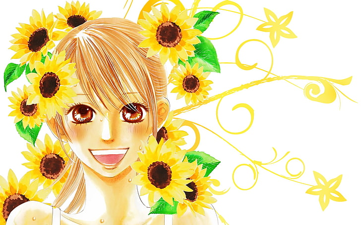 Chihayafuru ، Ayase Chihaya ، زهور ، عباد الشمس ، أنيمي ، فتيات أنيمي ، فم مفتوح، خلفية HD