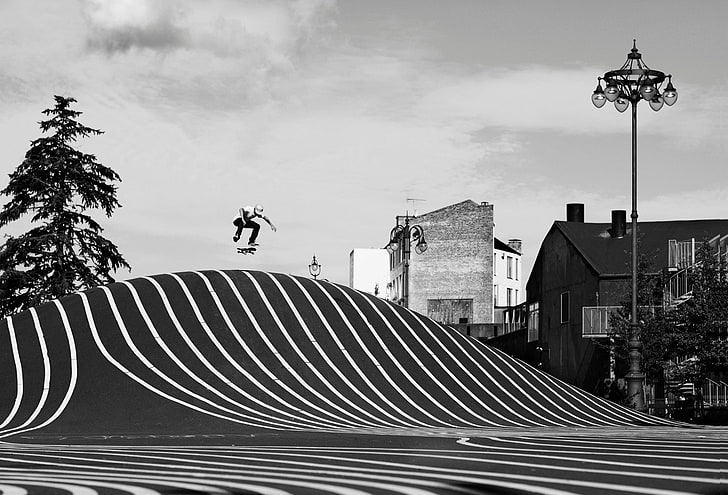 фотография, монохромен, скейтборд, градски пейзаж, Дания, HD тапет