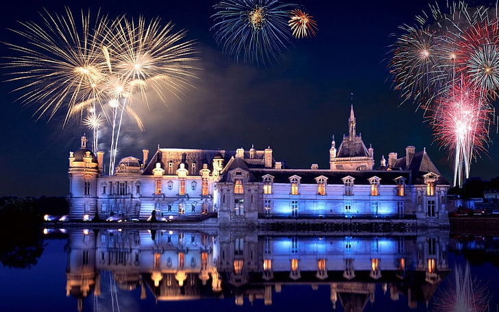 photography, fireworks, night, city, Chantilly castle, HD wallpaper