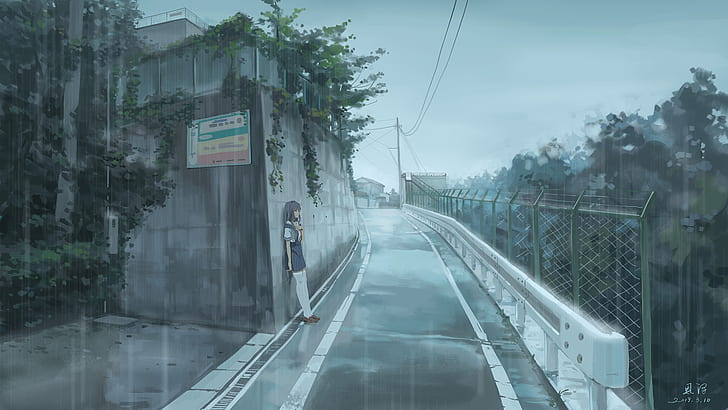 Clannad, аниме девушки, 2D, школьная форма, JK, дождь, длинные волосы, фиолетовые волосы, Fujibayashi Kyou, фан-арт, визуальный роман, HD обои
