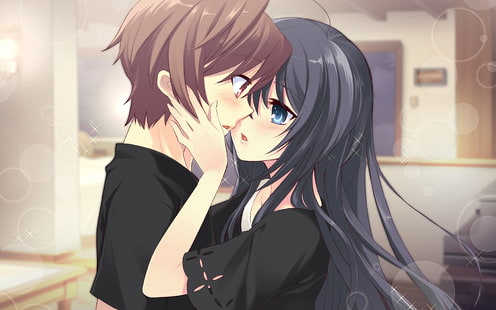 жена целува мъж аниме герой, аниме, момче, момиче, нежност, целувка, стая, HD тапет HD wallpaper