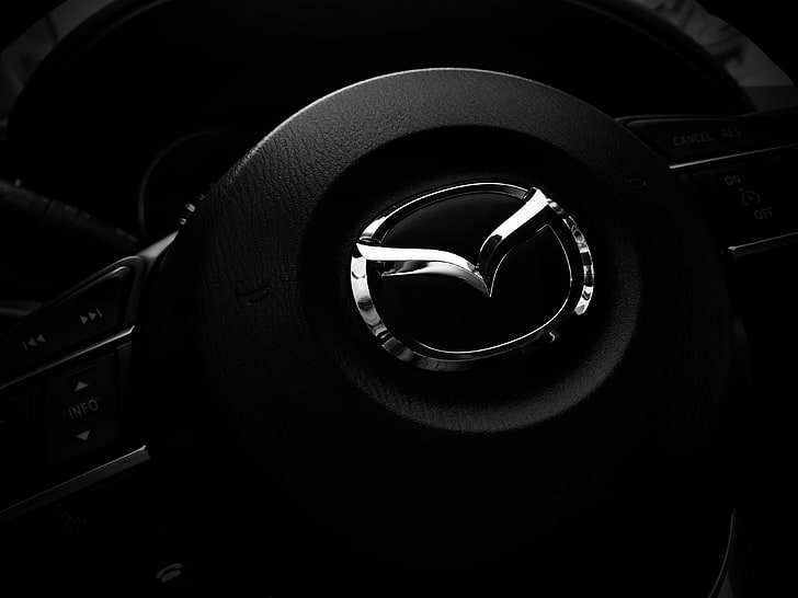 black Mazda steering wheel, mazda, steering wheel, logo, HD wallpaper
