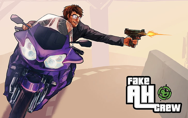 baby's purple and black carrier, motorcycle, weapon, men, Gavin Free, Grand Theft Auto V, Rooster Teeth, HD wallpaper