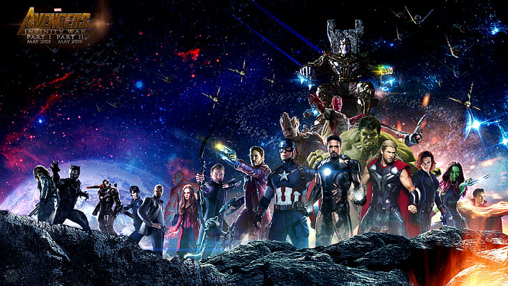 Captain America, Loki, Drax, Spider-man, Hulk, Avengers: Infinity War, Gamora, Black Widow, Scarlett Witch, Mantis, War Machine, Vision, Falcon, Iron Man, Hawkeye, Black Panther, Doctor Strange, Star-Lord, Тийнейджър Гроот, Бъки, мъглявина, HD тапет