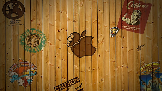 madera, Apple Inc., starbucks, logo, grandes problemas en la pequeña china, Fondo de pantalla HD HD wallpaper