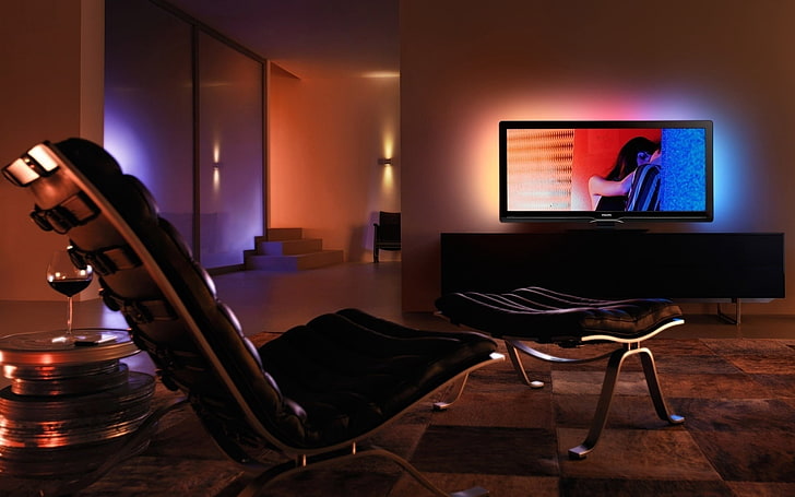 kursi kulit hitam dan sandaran, ruang, malam, kontemporer, desain, interior, Wallpaper HD