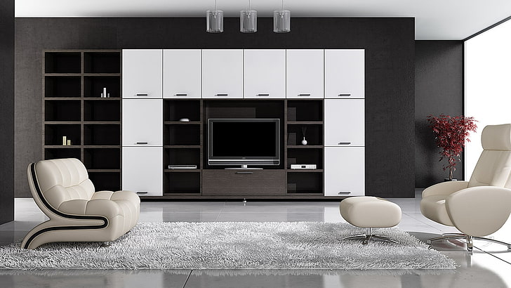 TV layar datar, kamar, karpet, kursi, TV, lantai, lemari pakaian, Ottoman, ruang tamu, tempat lilin, Wallpaper HD