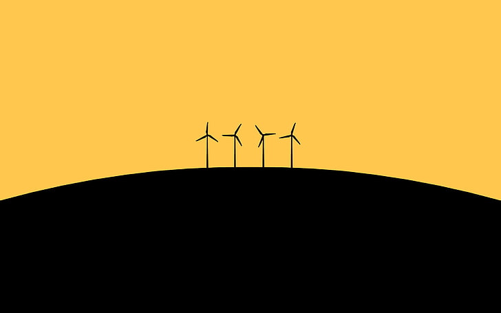 silhouette of four wind turbines wallpaper, minimalism, black, yellow, simple background, wind turbine, artwork, HD wallpaper