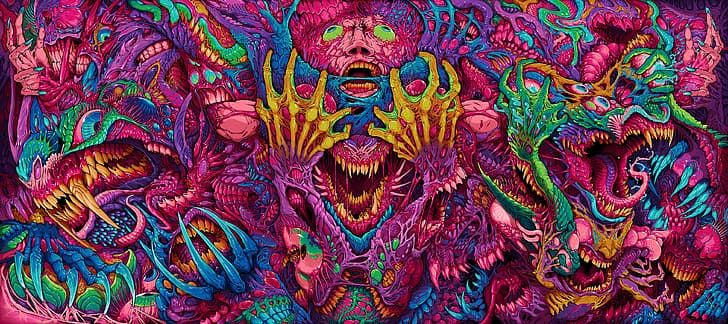 Hyperbeast, triptych, seni digital, horor, makhluk, warna-warni, Wallpaper HD
