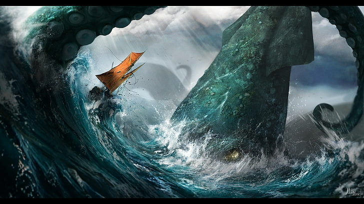 ภาพวาด Kraken สีเขียวทะเลปลาหมึกเรือใบคลื่น, วอลล์เปเปอร์ HD