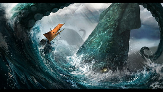 зелена живопис Kraken, море, калмари, ветроходен кораб, вълни, HD тапет HD wallpaper