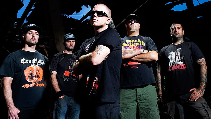 men's black T-shirt, five finger death punch, tattoo, glasses, t-shirts, print, HD wallpaper