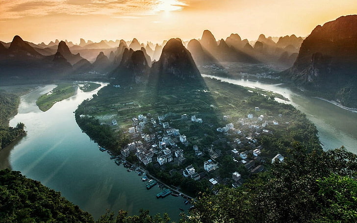 Fluss und Wald, Natur, Landschaft, Fluss, Sonnenstrahlen, Berge, Nebel, China, Dorf, Sonnenuntergang, HD-Hintergrundbild