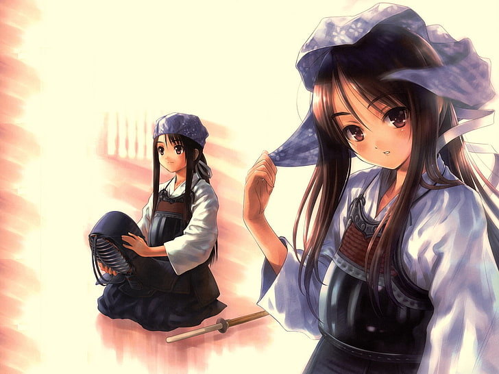 ilustrasi karakter anime wanita berambut hitam, gadis, topeng, pedang, Wallpaper HD
