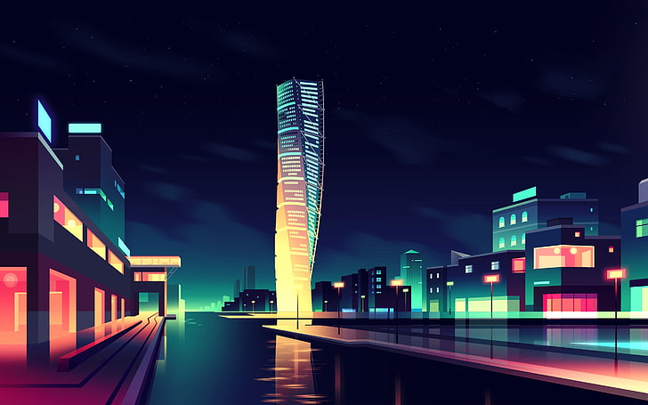 илюстрация на високи сгради в жълто и синьо, илюстрации на сгради през нощта, градски пейзаж, нощ, светлини, сграда, отражение, цифрово изкуство, небостъргач, улица, звезди, облаци, Romain Trystam, произведения на изкуството, град, улично осветление, HD тапет