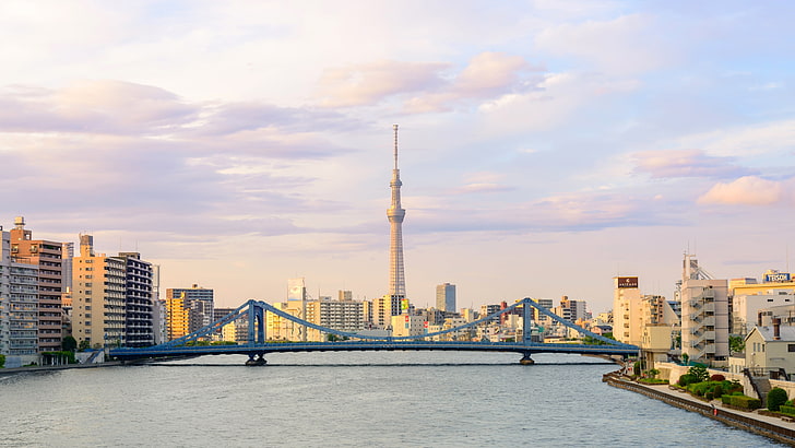 синий висячий мост, архитектура, здание, городской пейзаж, город, мост, река, облака, Токио, Япония, башня, Skytree, солнечный свет, HD обои