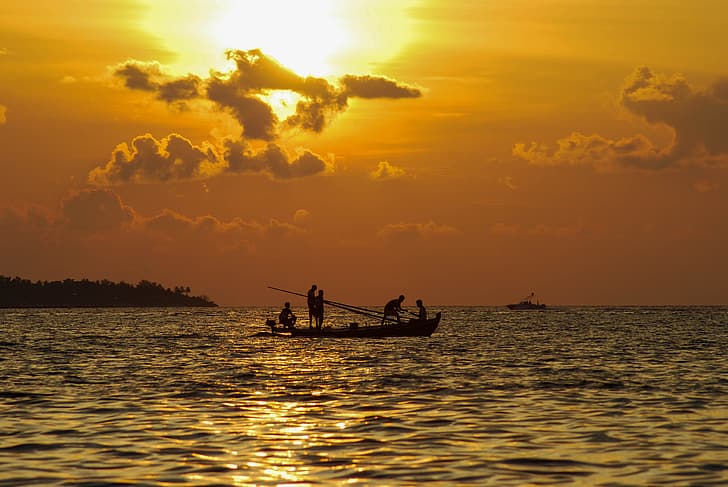 Maldivas, pôr do sol, pescadores, barco, HD papel de parede