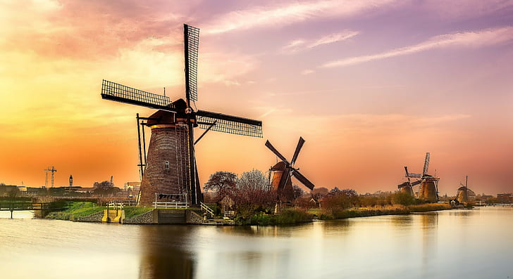 holland, Landscape, Reflection, river, sunset, windmill, 4k, 8k, HD, HD wallpaper