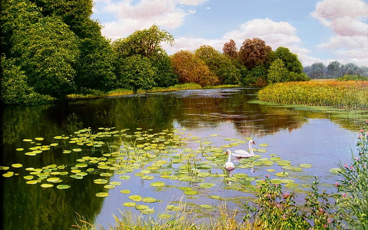 Latar Belakang Alam Sungai Reeds Swans, Wallpaper HD