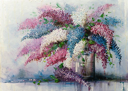 pintura em tela azul, branca, roxa e verde da flor lilás, flores, quadro, banco, lilás, HD papel de parede HD wallpaper