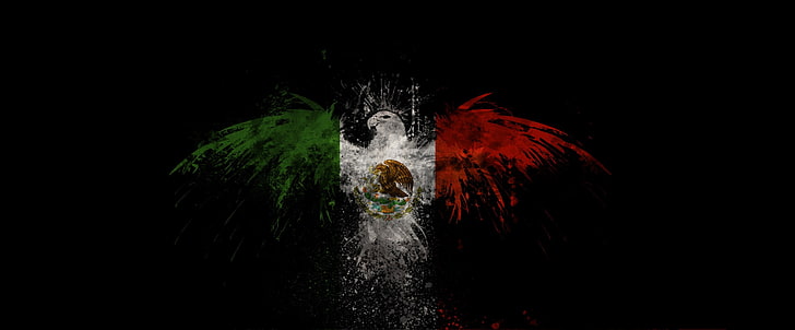 Mexico, flag, eagle, digital art, black background, green, white, red, HD wallpaper
